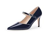 Coutgo Womens Mary Jane Pumps Stiletto High Heels Closed Pointed Toe Buckle Strap Patent Leather Dress Wedding Party Shoes Navy Blue