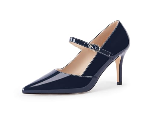 Coutgo Womens Mary Jane Pumps Stiletto High Heels Closed Pointed Toe Buckle Strap Patent Leather Dress Wedding Party Shoes