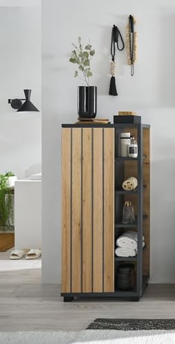 möbelando Nizza Hohe Badezimmer Kommode in Graphit, Artisan Eiche Optik - Badezimmerschrank Bad Schrank mit viel Stauraum - 50 x 113 x 37 cm (B/H/T)