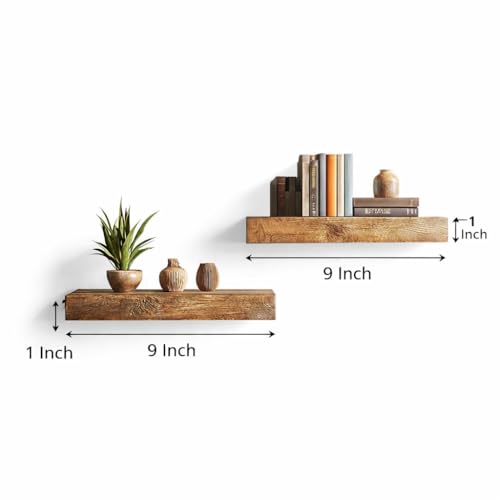 Image of Solid Wood Floating Wall Shelves Set of | Rustic Wooden Display Shelves for Living Room, Bedroom, Kitchen & Bathroom | Heavy Duty Wall Mounted Shelves (9 Inches, 2 Shelves)