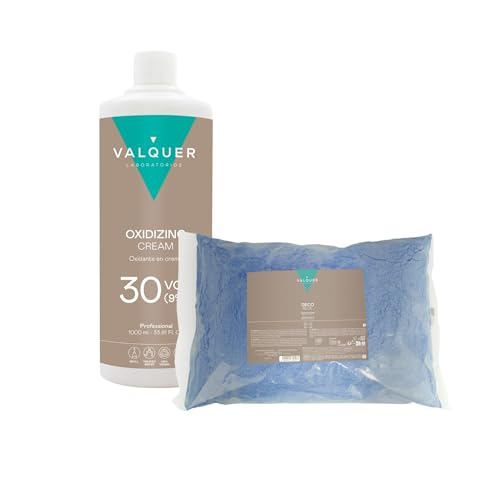 Valquer Pack Decolorante de Cabello Profesional Permanente. Polvos Deco Blue 500 g y Agua Oxigenada 30 Vol 9% 1 L. Alta Aclaración del Pelo hasta 6 Tonos con Proteínas de Trigo. Vegano