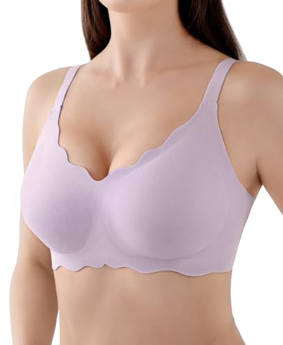 BH Damen Ohne Bügel Bequemer Nahtloser BH Weicher Gepolsterter BH Bügelloser Bustier Soft Bra T-Shirt Bralette V-Ausschnitt (Violett S)