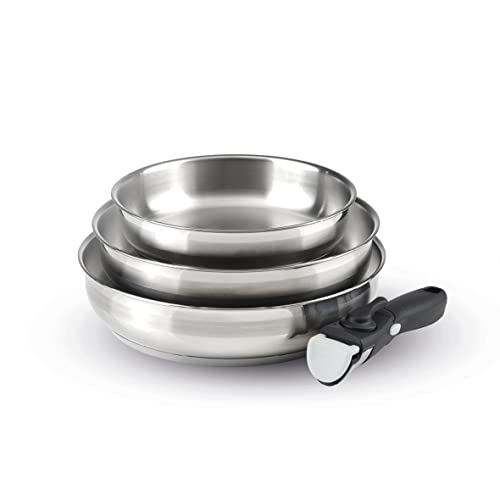 Qdesign - Batterie de Cuisine à Induction 4 Pièces - Set de 3 Poêles en Inox 20, 24 et 26 cm avec Poignée Amovible - Acier Inoxydable - Lot pour Tout Feu -...
