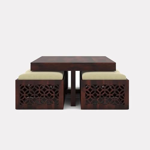 Image of Classic Royale Sheesham Wood Creation Center Table with 4 stools for Home & Office, PureCraft Elite Wooden Coffee Table | Tea Table | Sofa Set Table Mahogany Finish