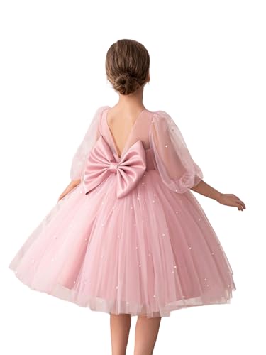 Flower Girls Tulle Dress with Pearls Bow Knot V-Back Contrast Mesh Puff Half Sleeves for Formal Wedding Party