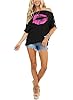 Dressmine Off The Shoulder Top for Women Batwing Lips Print Short Sleeve Shirts Sexy Loose Button Down T-Shirt Black Small #1