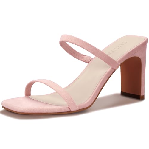 Image of Carcuume Women's Square Toe Two Strap Open Toe Block Heels Sandals Slip On Shoes