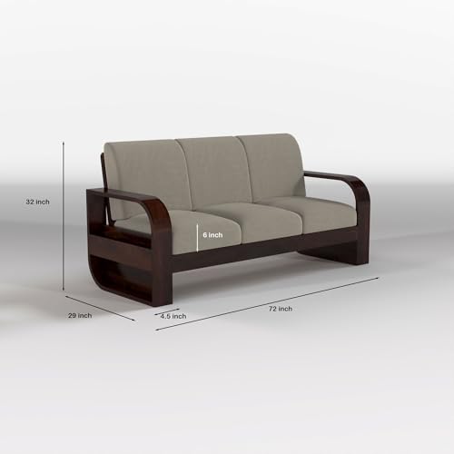Image of Solid Sheesham Wooden 6 Seater Sofa Set Without Coffee Table with Light Taupe Cushion for Living Room Furniture - Walnut Finish (3+2+1)