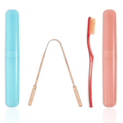 Image of Ozette Travel Kit - Includes 1 Super Soft Sensitive Toothbrush and 1 100% Copper Tongue Cleaner /Scraper with Anti-Bacterial Container, Cover, Holder - Pack of 2, Ideal for Home and Travel Use