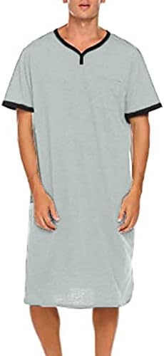 Generic Nightgown for Men Short Sleeve V Neck Nightshirt Loose Fit Solid Color Sleep Shirts Comfy Soft Lightweight Nightwear 2024 Gray, XX-Large