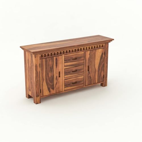 Image of Solid Sheesham Wood Sideboard and Cabinets | Wooden Side Board Media Console Tv Cabinet for Living Room | Free Standing Cabinet with 3 Drawers & 2 Door Cabinet Storage | Natural Finish