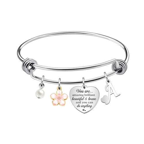 Inspirtional Bracelet Gift,Funny 26 Letter Initial A-Z Silver Heart Dangle Bangle For Women Lady Daughter Mom Sisters Friends Colleague Birthday Christmas Reminder Jewelry