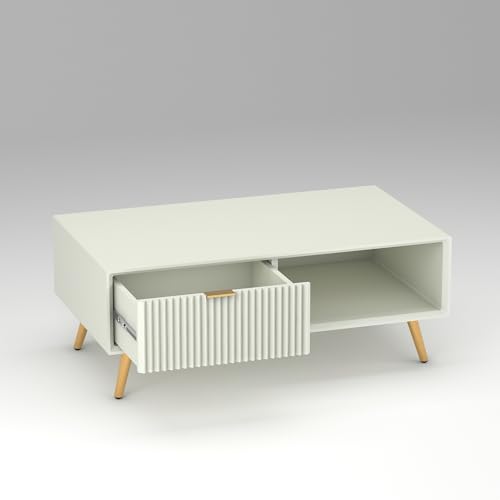 Image of ONIJA Modern Coffee Table for Living Room | HDMR Premium Wood Center Table with Storage Shelf | Matte Finish Coffee Table | Wooden Tea Table with Sturdy Legs (White)