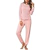 Crewhpo Pyjama Femme Hiver Ensembles de Pyjama Doux Pyjamas à Manches Longues 2 Pièces Pyjamas Rayés Long Vêtement de Nuit Col en V Rose L