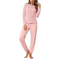 Crewhpo Pyjama Femme Hiver Ensembles de Pyjama Doux Pyjamas à Manches Longues 2 Pièces Pyjamas Rayés Long Vêtement de Nuit Col en V Rose L