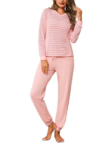 Crewhpo Pijama Mujer Invierno Conjunto de Pijamas Algodón Rayas Pijama Manga Larga Ropa de Dormir Cuello en V Camiseta y Pantalones Largo