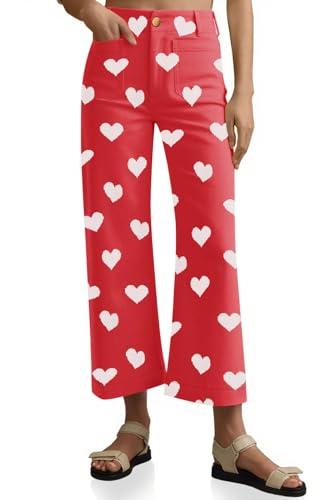 Tankaneo Womens Cropped Heart Print Jeans Casual High Waisted Stretchy Straight Leg Denim Pants with Pockets