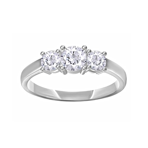 SAVEARTH DIAMONDS Three Stone Engagement Ring For Women, Round Moissanite Diamond Ladies Promise Ring In 14k Gold Over Sterling Silver (1 Ctw to 4 Ctw)