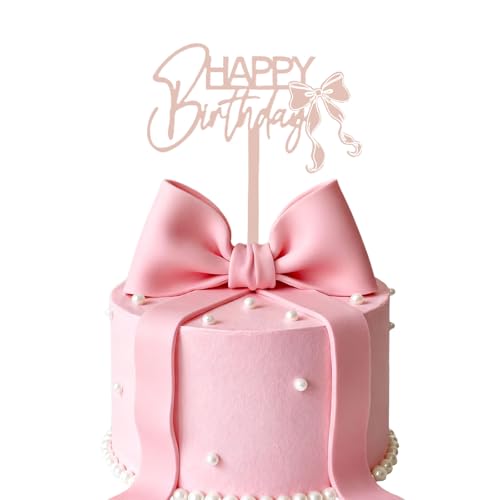 ZHENGYE Rose Gold Bow Happy Birthday Cake Topper Bow Themed Decoration Sign For Birthday Party Decorations Supplies