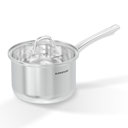 Image of SUNHOUSE 4 QT Stainless Steel Sauce Pan with Lid, Small Pot for Cooking | PFOA-Free Uncoated Milk Pan & Butter Warmer, Mini Saucepan with Impact Bonding Base for Induction, Gas, Electric