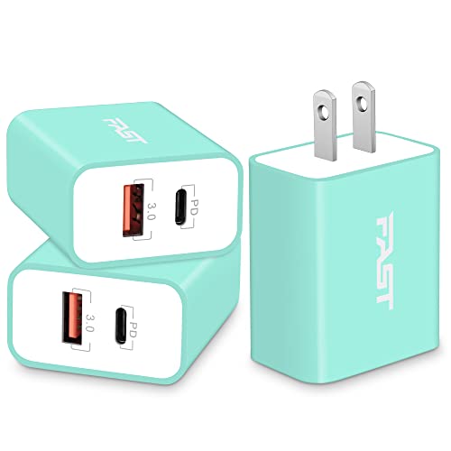 Power-7 USB C Wall Charger, 3 Pack 20W PD 3.0 Type-C + USB-A Power Adapter Dual Port Fast Charging Block for iPhone 14 13 12 Pro Max 14 Plus 12 Mini 11 SE XS XR X, Pad, Samsung, Android Phones (Green)