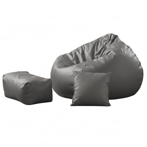 Image of Luxury 5XL Jumbo Bean Bag with Footrest & Cushion | Premium Leatherette | High-Density Beans Filled | Heavy Duty Double Stitch | 6 Months Warranty Color- (Navy Blue) (Grey)