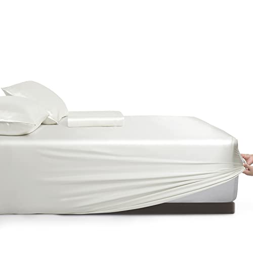 Vonty Satin Sheets Extra Deep Pocket Queen Sheet Sets - Cooling & Silky Satin Queen Size Sheets With 18-24 Inch Deep Pocket, Ivory White Satin Bed Sheets Fit Up To 24" Deep Mattress - 4 Piece #TOP6