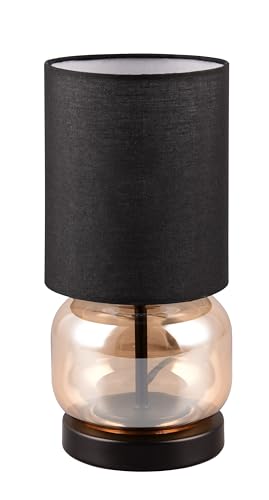 Trio Leuchten Lámpara de Mesa ELIO 517800113, Negro Metal Mate, Cristal Ámbar, Pantalla de Tela Negra, excepto 1x E27