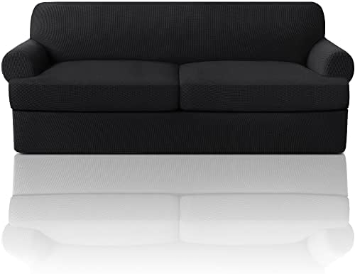 T Cushion Sofa Slipcover 3 Pieces Sofa Covers for T Cushion Sofa Soft Couch Cover Sofa Slip Covers Furniture Covers with 2 Individual T Cushion Shape Seat Covers (Medium-Large, Black)