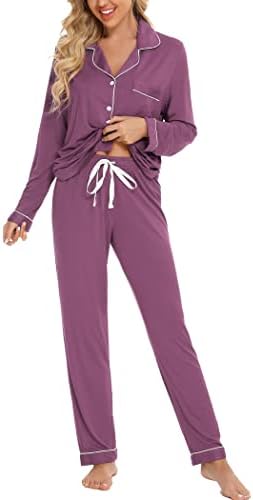 Pjmlifecoco Women's Pajamas Set Button-Down Long Sleeve Shirt PJ Pants Two-piece Night Suit Sleepwear Loungewear Lavender