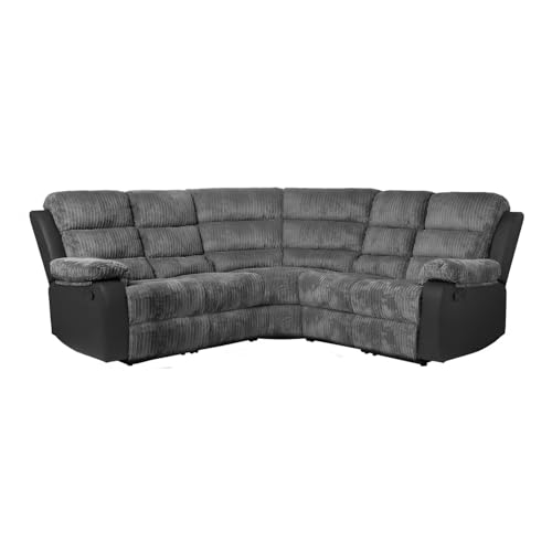 Roma Manual Recliner Corner Sofa – 5-Seater Reclining Couch with Cup Holders – Leather, Linen or Jumbo Cord – Available in Black, Grey or Brown (Jumbo Cord, Grey)