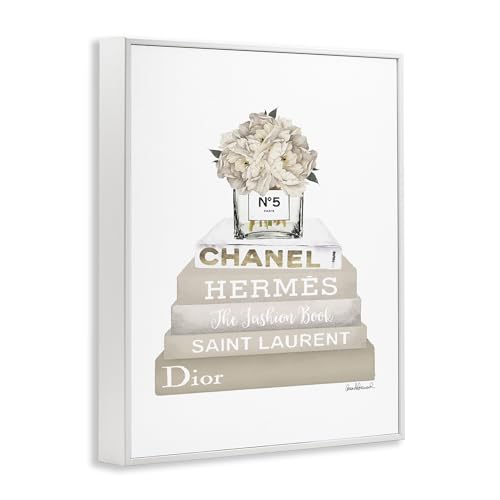 Image of 'Beige High Fashion Bookstack'| Framed Giclee Art | Stupell Industries | White, 16 x 20 Inches, Easy to Hang and Sturdy, Made in USA, by Amanda Greenwood