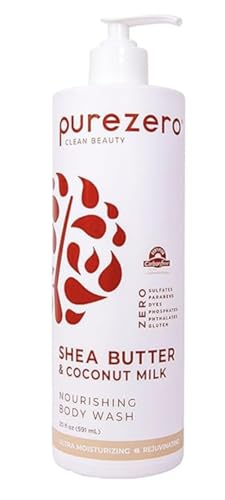 Purezero Shea Butter & Coconut Milk Body Wash - 20oz Leaves Skin Hydrated and Fresh, Maintain Elasticity and Smoothness, Zero Sulfates, Zero Parabens