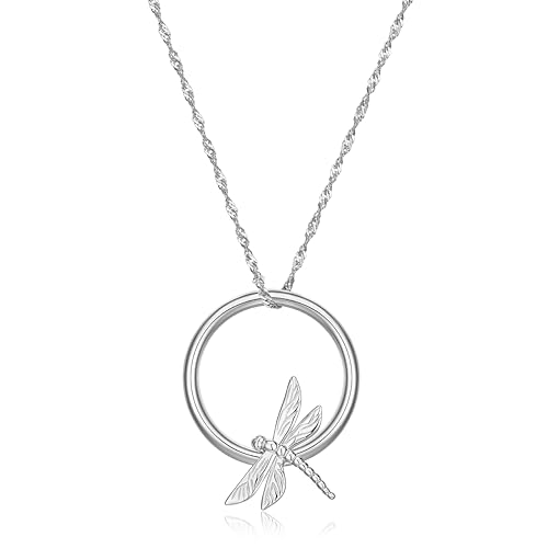 MORGAN & PAIGE .925 Sterling Silver Rhodium Plated Openwork Circle Dragonfly Pendant Necklace for Women - Hypoallergenic Sterling Silver Necklaces for Women, Elegant Jewelry for Her, 18 inch Chain