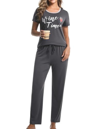 difficort Pajamas for Women Set 2 Piece Solid Color Pjs Sleepwear Night Suits with Pockets, Grey, Large