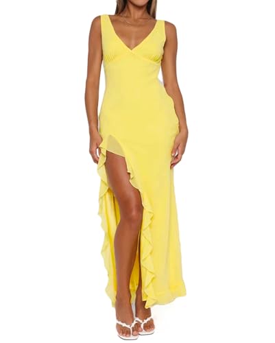 Image of houstil Women's Casual Summer Dress Strap Ruffle Beach Party Maxi Cocktail Evening Holiday Wedding Guest Dresses