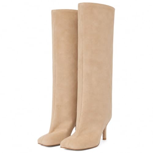 Image of DOBOYG Knee High Suede Boots for Women Wide Calf Square Toe Tall Boots | Stiletto High Heels Pull On Fashion Long Booties