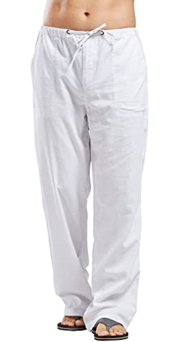 Men's Summer Casual Loose Fit Straight-Legs Stretchy Waist Linen Beach Pants3