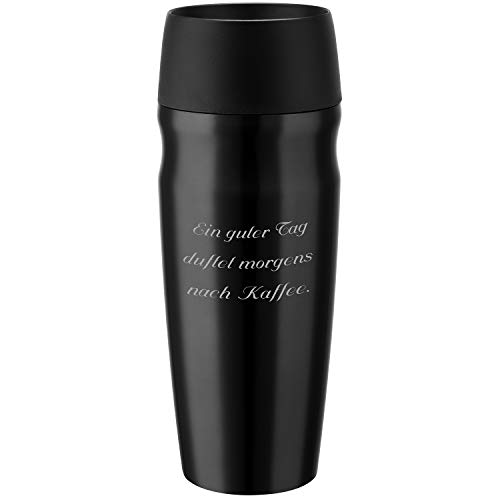 alfi Thermobecher isoMug Schwarz 350 ml mit persönlicher Rund-Gravur gelasert Push and Drink Verschluss