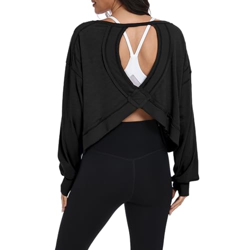 denking Women Open Back Workout Tops 100% Cotton Long Sleeve Shirts Yoga Athletic Gym Pilates Crop Cute Summer Oversize Tees(Black S)