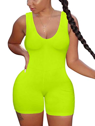 XXTAXN Women s Sexy One Piece Sleeveless V Neck Tank Top Rompers Short Bodycon Jumpsuit Fluorescentgreen