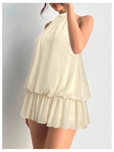 Floerns Women\'s Y2k Summer Halter Dress Tie Open Back Sleeveless Ruffle Hem Bubble Going Out Mini Dresses Apricot Small