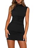 Pungdra Women's Sexy Mock Neck Dress for Women Sleeveless Ruched Bodycon Dresses Turtle Neck Cocktail Party Mini Dress Black Medium