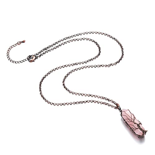 Pesoenth Tree Of Life Rose Quartz Pendant Reiki Healing Crystal Energy Stone Necklace Silver Wire Wrapped Raw Gemstone Hexagonal Prism Pointed Crystal Pendant Jewelry For Women And Men (Rose Quartz#) #TOP2