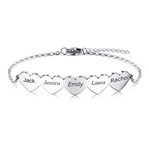 INBLUE Personalized Heart-Shaped Love Bracelet with 2-5 Names for Girls Women Mothers Names Engraving Custom Adjustable BFF Bracelets for Friendship/Couples/Families Gift (5 Hearts)