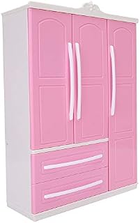 ViaGasaFamido Wardrobe Dolls, Doll Closet Furniture 3-Door Pink Plastic for Dollhouse Furniture Accessories