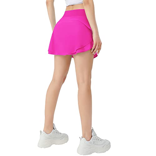 Husnainna High Waisted Mesh Layered Tennis Skirt For Women With Pockets 2 In 1 Flowy Running Skirt Shorts Athletic Golf 023Dcq-Hot Pink/C6 #TOP2