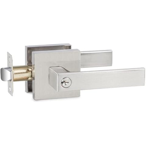 GUTENKONB 3 Pack Satin Nickel Entrance Door Handle, Square Reversible Keyed Entry Door Lever for Exterior Use, Keyed Alike Cover
