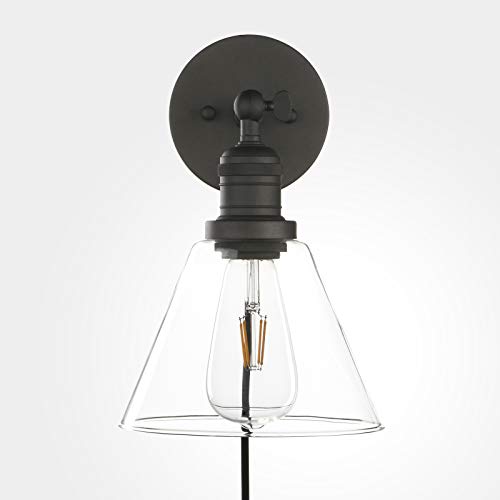 Image of Phansthy Industrial Wall Sconce Light with Switch, Plug in Wall Lamp with 7.1 Inches Cone Glass Lampshade Vanity Light for Bedside Bedroom Living Room (Black, Cone Glass Shade)