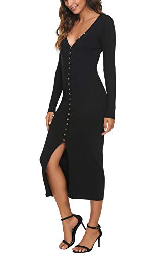 Cmz2005 Women's V Neck Long Sleeve Knit Cardigan Dress Bodycon Outerwear Button Down Sweater Maxi Dress 6088 (Black, Small) #TOP3